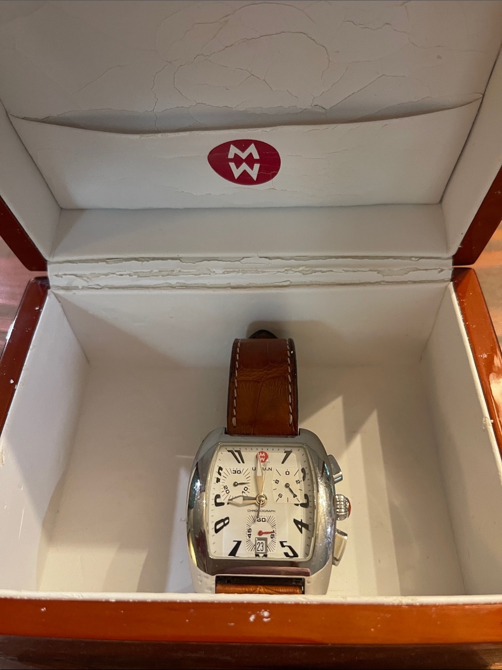 NWT Michele Urban Chronograph Brown Leather Strap Stainless Watch with White Dia
